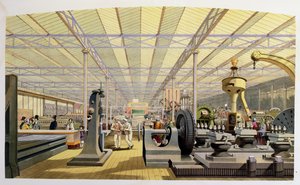 Inde i maskinhal (farvet litho) af English School